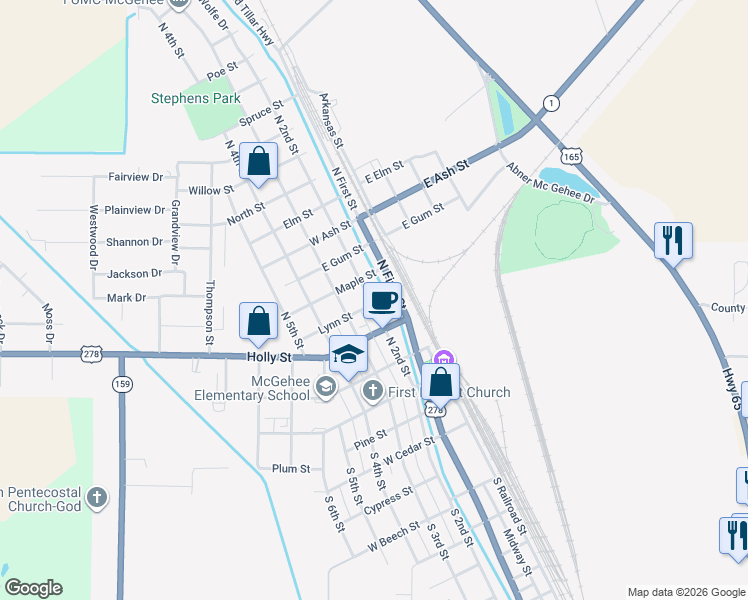 map of restaurants, bars, coffee shops, grocery stores, and more near 402 North 2nd Street in McGehee