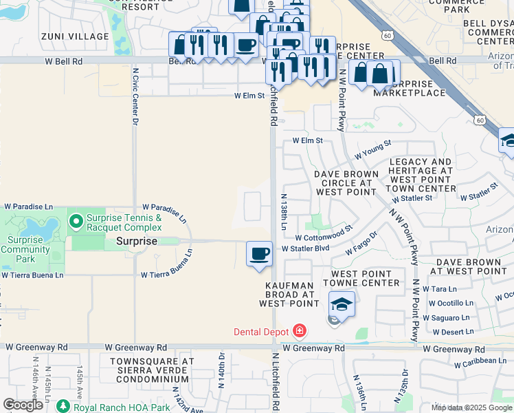 map of restaurants, bars, coffee shops, grocery stores, and more near 16230 North Litchfield Road in Surprise