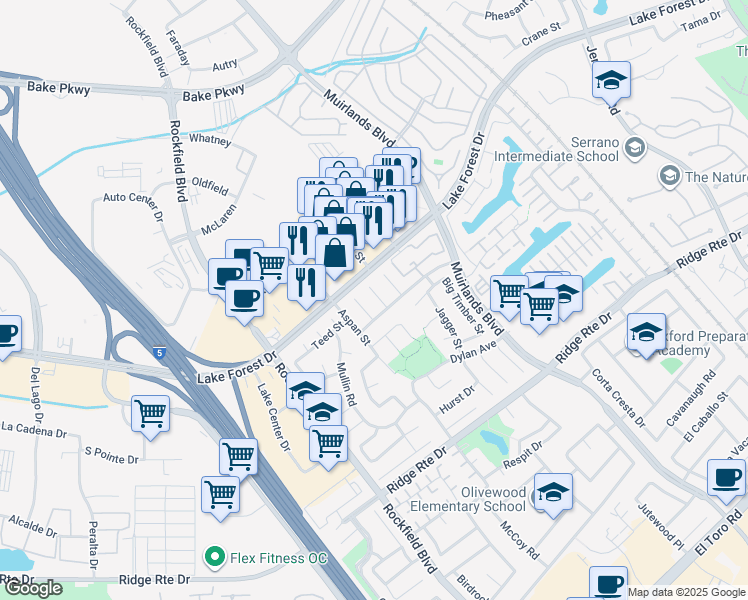 map of restaurants, bars, coffee shops, grocery stores, and more near 22782 Nolan Street in Lake Forest
