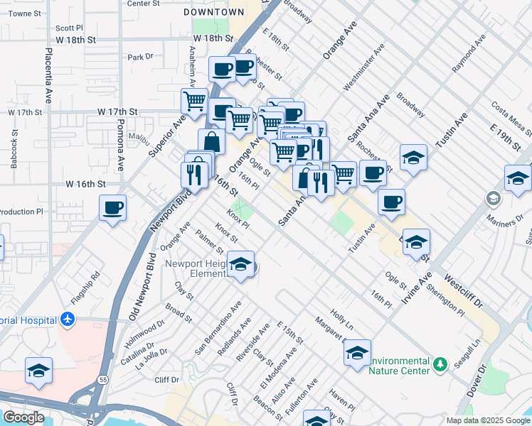 map of restaurants, bars, coffee shops, grocery stores, and more near 268 East 16th Street in Costa Mesa
