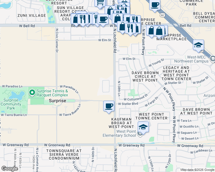 map of restaurants, bars, coffee shops, grocery stores, and more near 16230 North Litchfield Road in Surprise