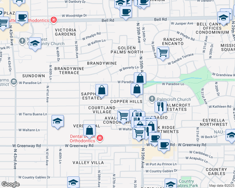 map of restaurants, bars, coffee shops, grocery stores, and more near 16010 North 36th Drive in Phoenix