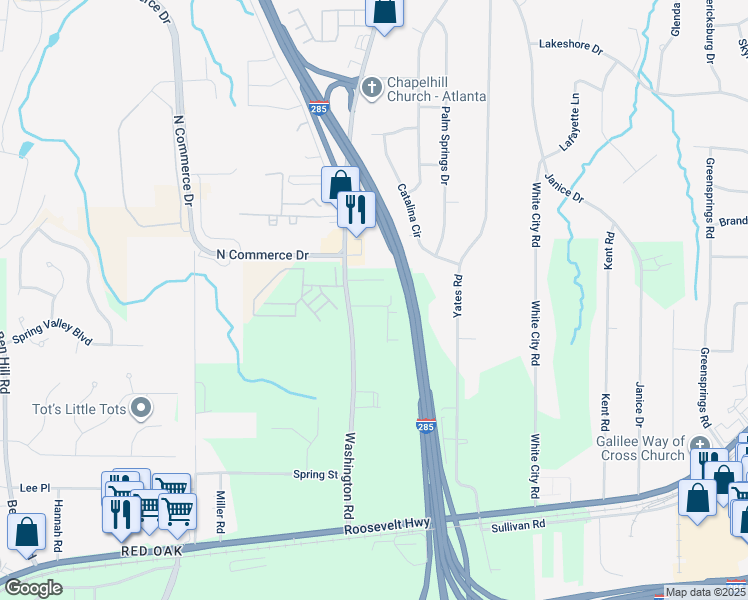 map of restaurants, bars, coffee shops, grocery stores, and more near 4590 Washington Road in College Park