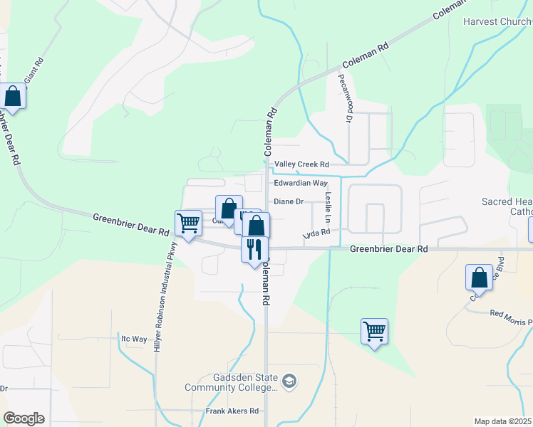 map of restaurants, bars, coffee shops, grocery stores, and more near 2242 Coleman Road in Anniston