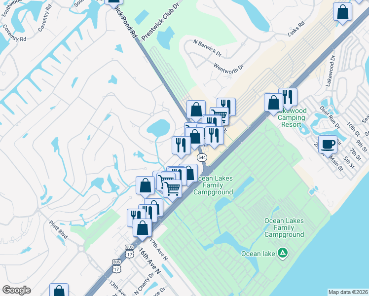 map of restaurants, bars, coffee shops, grocery stores, and more near 1213 Live Oak Court in Surfside Beach