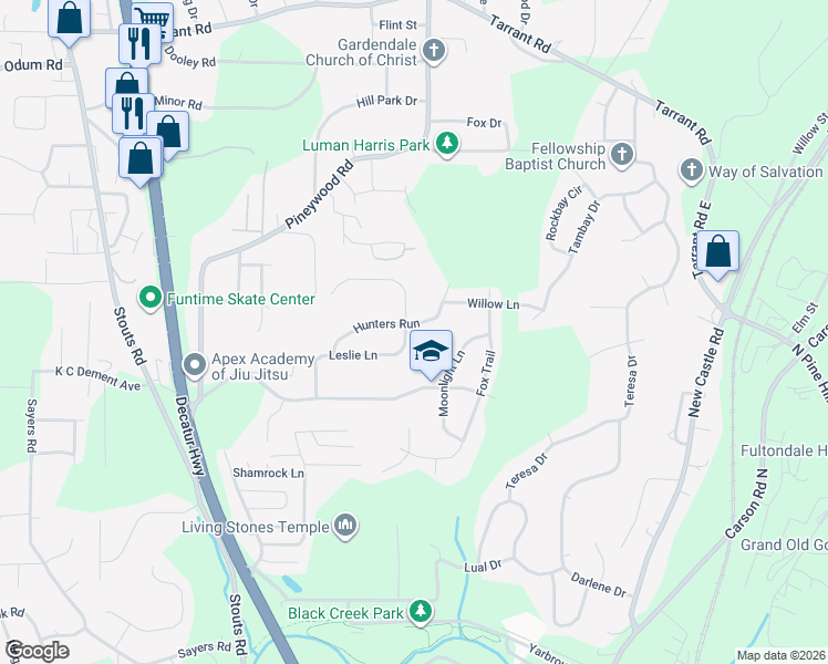map of restaurants, bars, coffee shops, grocery stores, and more near 3042 Hunters Run in Fultondale