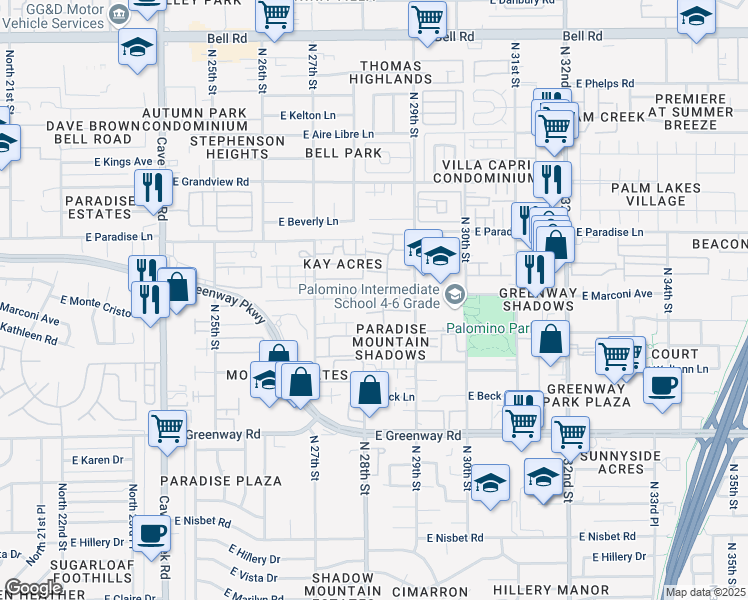 map of restaurants, bars, coffee shops, grocery stores, and more near 2814 East Marconi Avenue in Phoenix