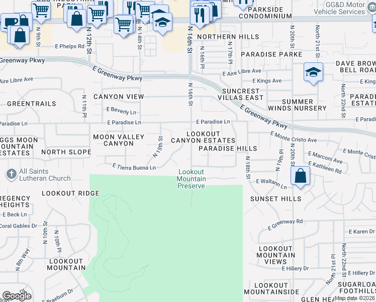 map of restaurants, bars, coffee shops, grocery stores, and more near 1553 East Monte Cristo Avenue in Phoenix