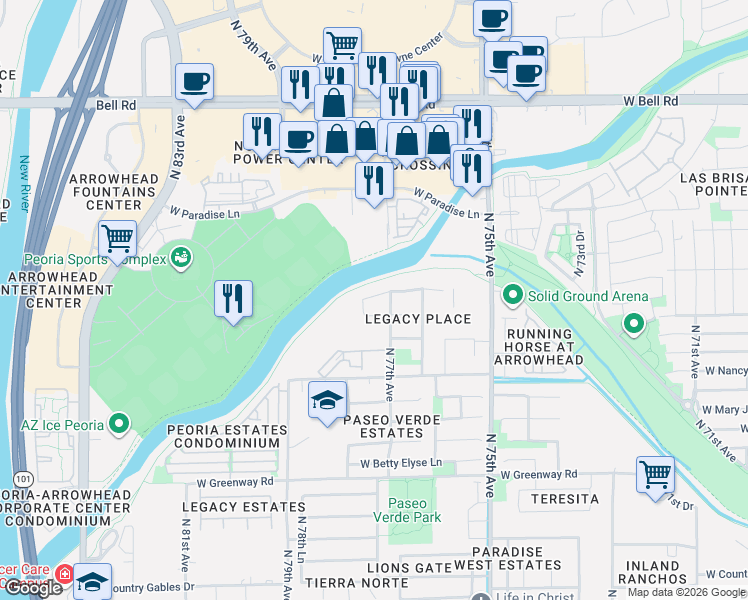 map of restaurants, bars, coffee shops, grocery stores, and more near 7758 West Lockland Court in Peoria