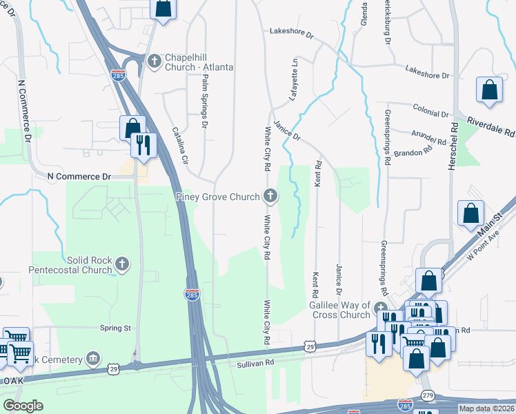 map of restaurants, bars, coffee shops, grocery stores, and more near 4571 White City Road in College Park