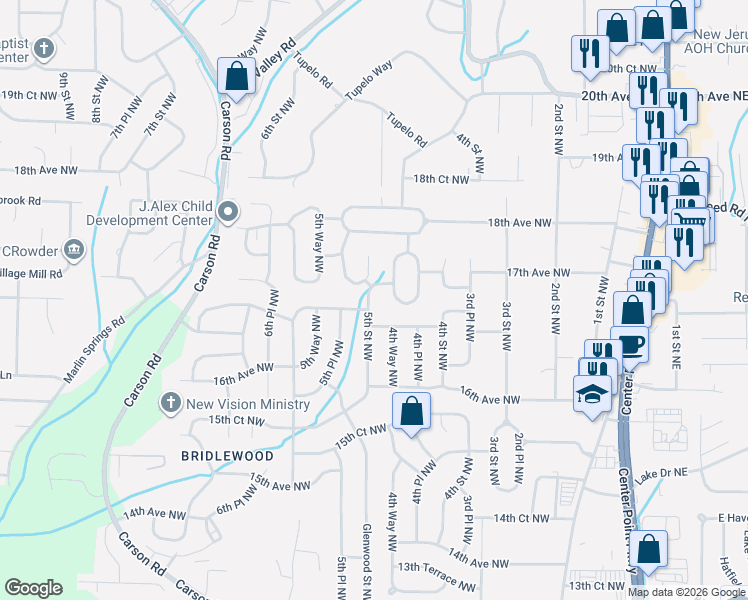 map of restaurants, bars, coffee shops, grocery stores, and more near 501 17th Avenue Northwest in Center Point