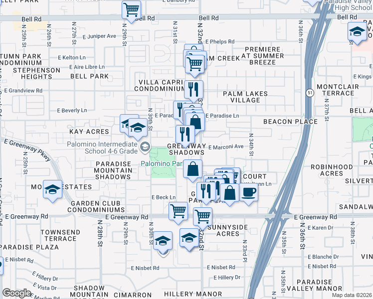 map of restaurants, bars, coffee shops, grocery stores, and more near 15826 North 32nd Street in Phoenix