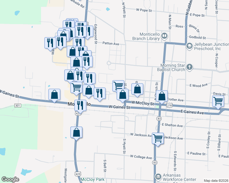 map of restaurants, bars, coffee shops, grocery stores, and more near 632 West Trotter Street in Monticello