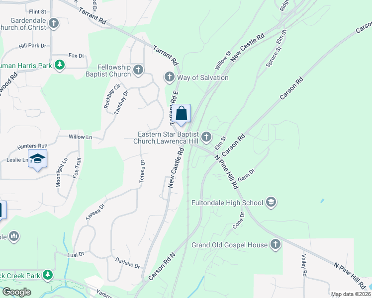 map of restaurants, bars, coffee shops, grocery stores, and more near 3125 New Castle Road in Birmingham
