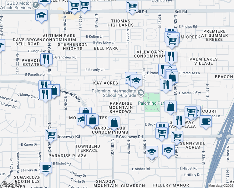 map of restaurants, bars, coffee shops, grocery stores, and more near 2814 East Marconi Avenue in Phoenix