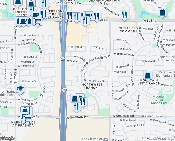 map of restaurants, bars, coffee shops, grocery stores, and more near 16454 West Sandra Lane in Surprise