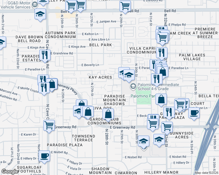 map of restaurants, bars, coffee shops, grocery stores, and more near 2814 East Marconi Avenue in Phoenix