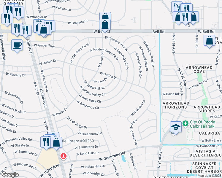 map of restaurants, bars, coffee shops, grocery stores, and more near 9306 West Hidden Valley Circle in Sun City