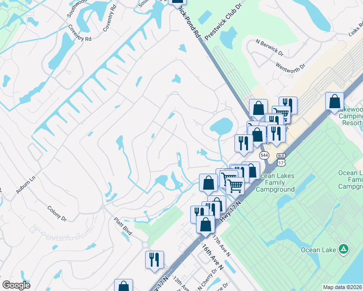 map of restaurants, bars, coffee shops, grocery stores, and more near 1481 Turkey Ridge Road in Myrtle Beach