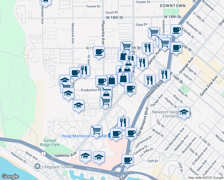 map of restaurants, bars, coffee shops, grocery stores, and more near 64 Ebb Tide Circle in Newport Beach