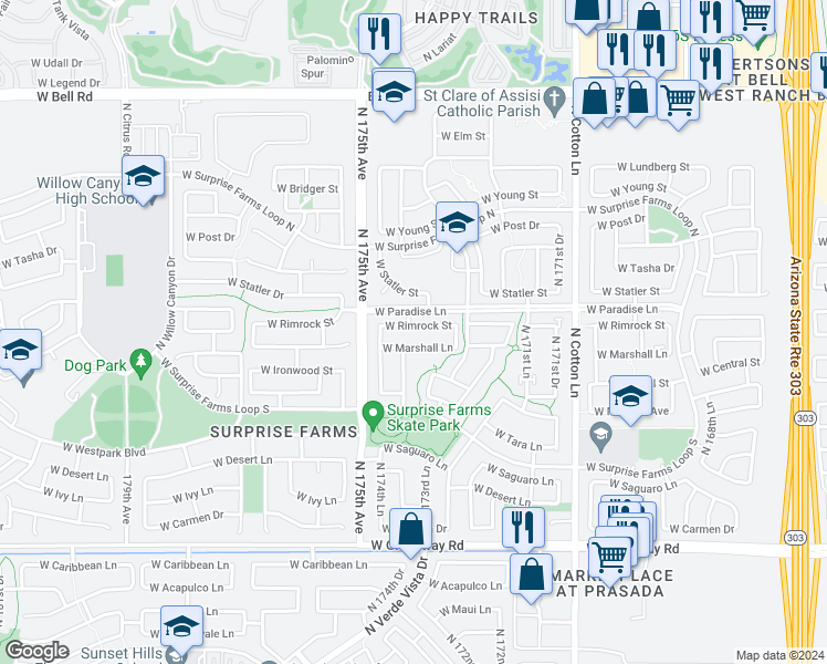 map of restaurants, bars, coffee shops, grocery stores, and more near 17351 West Rimrock Street in Surprise