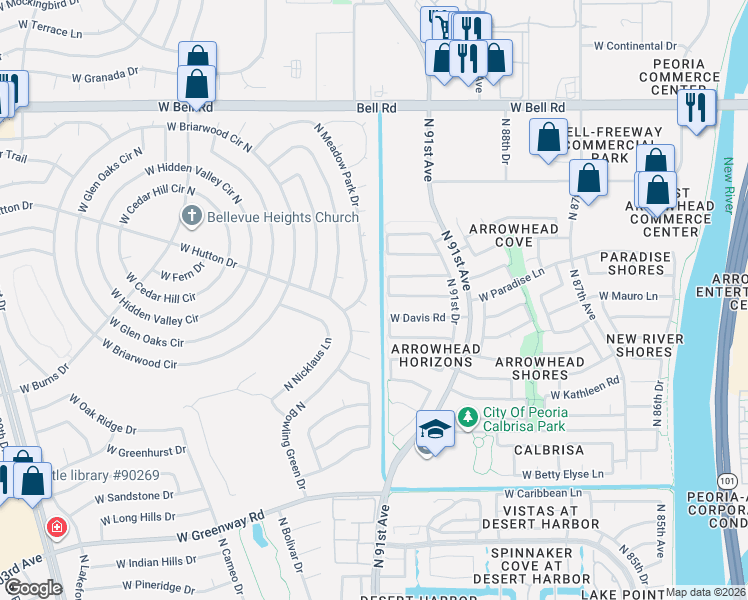 map of restaurants, bars, coffee shops, grocery stores, and more near 16205 North Meadow Park Drive in Sun City