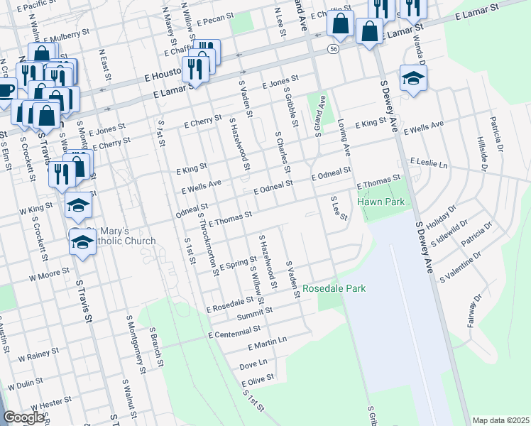 map of restaurants, bars, coffee shops, grocery stores, and more near 821 South Hazelwood Street in Sherman