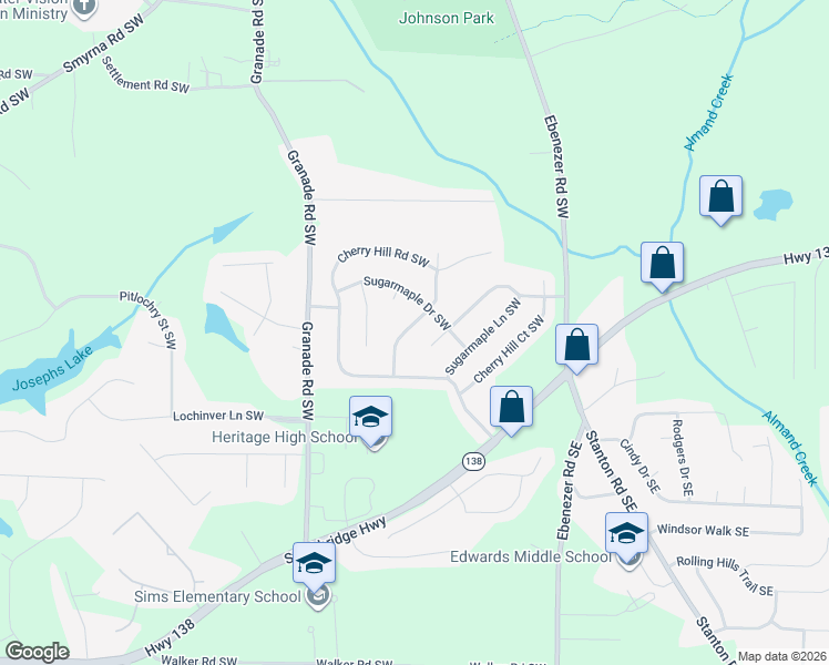 map of restaurants, bars, coffee shops, grocery stores, and more near 1600 Sugar Plum Drive Southwest in Conyers