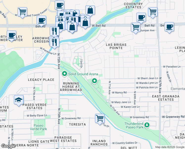 map of restaurants, bars, coffee shops, grocery stores, and more near 7246 West Monte Cristo Avenue in Peoria