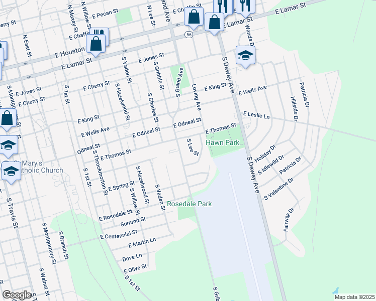 map of restaurants, bars, coffee shops, grocery stores, and more near 917 South Lee Street in Sherman