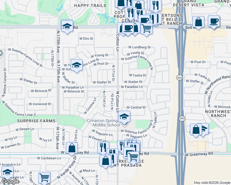 map of restaurants, bars, coffee shops, grocery stores, and more near 17066 West Rimrock Street in Surprise
