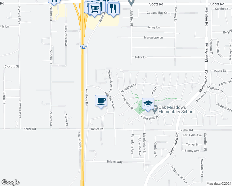 map of restaurants, bars, coffee shops, grocery stores, and more near 33810 Willow Crest Drive in Murrieta