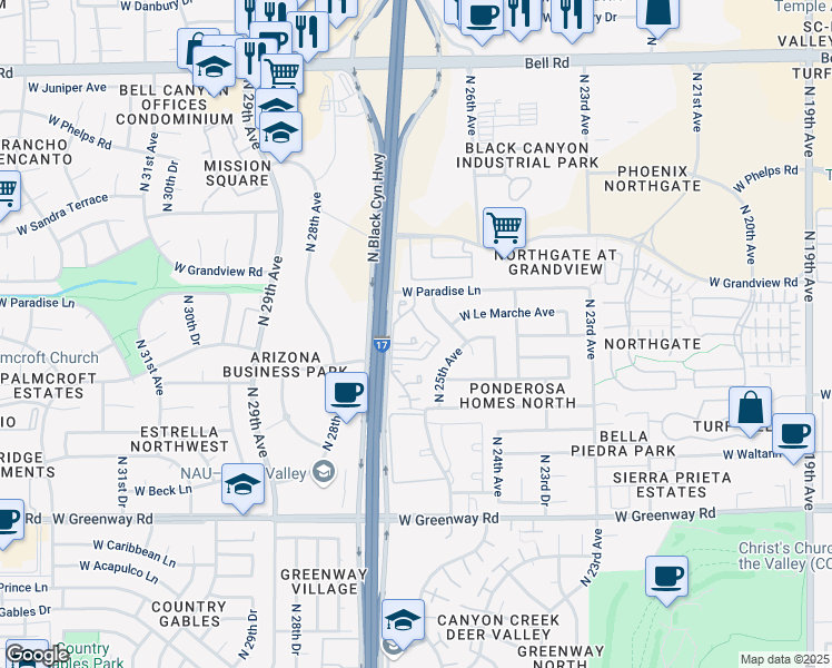 map of restaurants, bars, coffee shops, grocery stores, and more near 16047 North 25th Drive in Phoenix