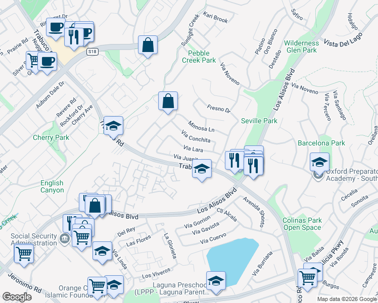 map of restaurants, bars, coffee shops, grocery stores, and more near 26441 Vía Lara in Mission Viejo