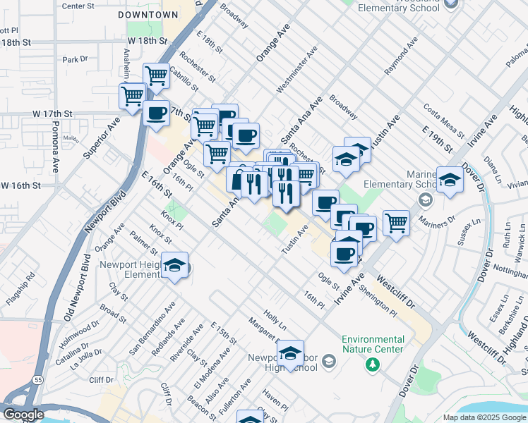 map of restaurants, bars, coffee shops, grocery stores, and more near 338 Ogle Street in Costa Mesa