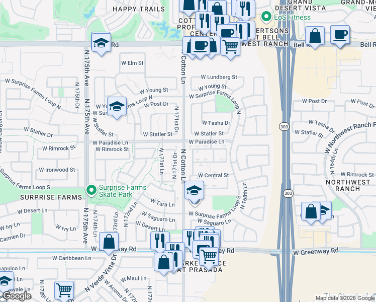 map of restaurants, bars, coffee shops, grocery stores, and more near 17066 West Rimrock Street in Surprise