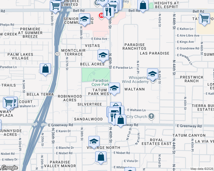 map of restaurants, bars, coffee shops, grocery stores, and more near 3941 East Monte Cristo Avenue in Phoenix