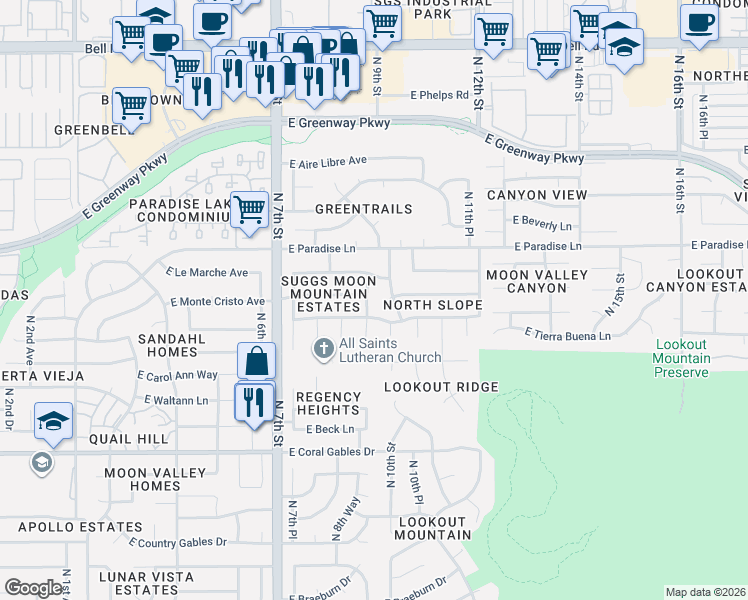 map of restaurants, bars, coffee shops, grocery stores, and more near 908 East Monte Cristo Avenue in Phoenix