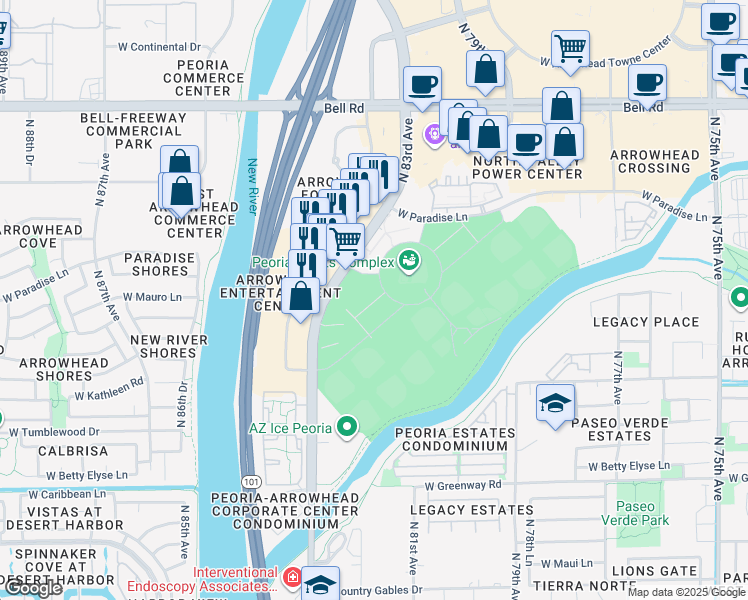map of restaurants, bars, coffee shops, grocery stores, and more near 8209-8213 West Stadium Way in Peoria