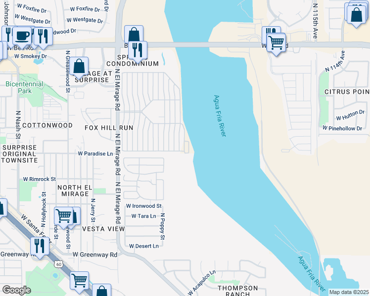 map of restaurants, bars, coffee shops, grocery stores, and more near Morning Glory Court in Surprise