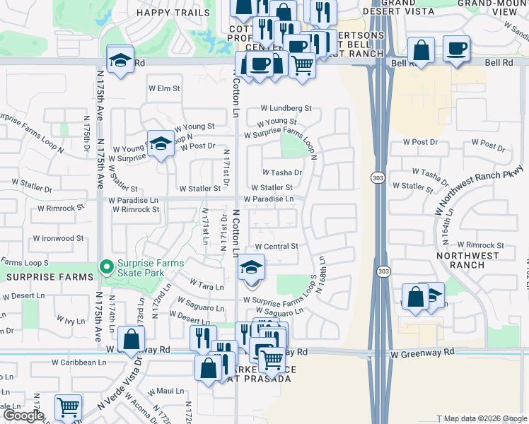 map of restaurants, bars, coffee shops, grocery stores, and more near 17022 West Rimrock Street in Surprise