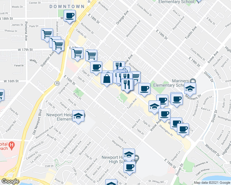map of restaurants, bars, coffee shops, grocery stores, and more near 338 Ogle Street in Costa Mesa