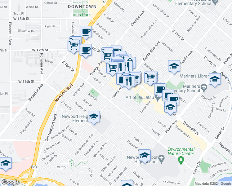 map of restaurants, bars, coffee shops, grocery stores, and more near 280 16th Place in Costa Mesa