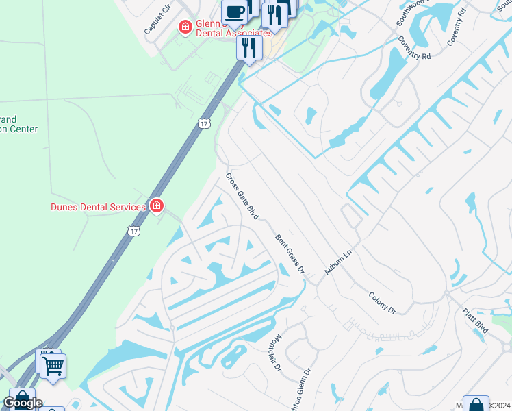 map of restaurants, bars, coffee shops, grocery stores, and more near 1120 Spalding Court in Surfside Beach