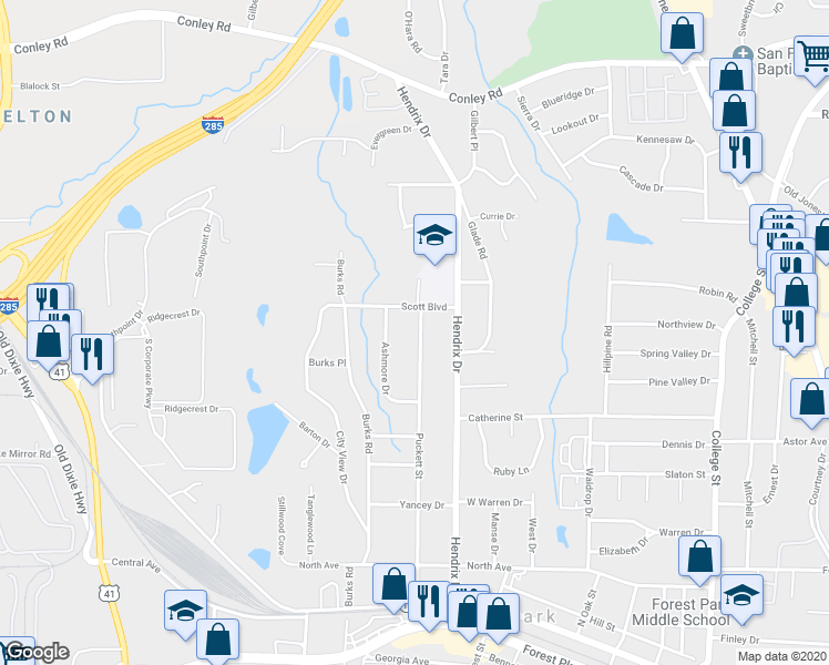 map of restaurants, bars, coffee shops, grocery stores, and more near 4529 Puckett Street in Forest Park