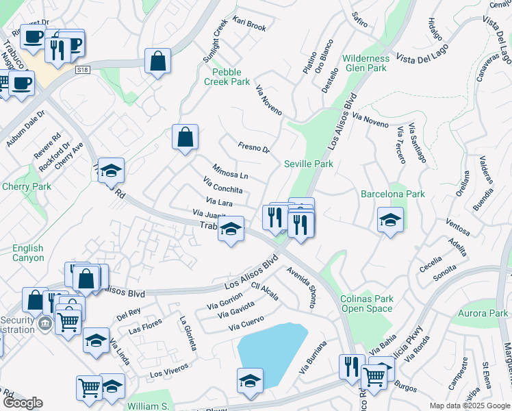 map of restaurants, bars, coffee shops, grocery stores, and more near 22831 Modesto Drive in Mission Viejo
