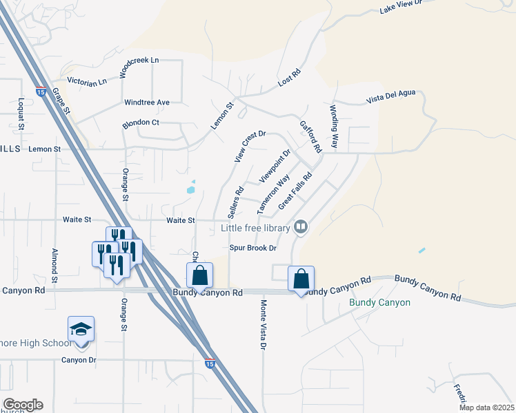 map of restaurants, bars, coffee shops, grocery stores, and more near 22416-22498 Lakewood Drive in Wildomar