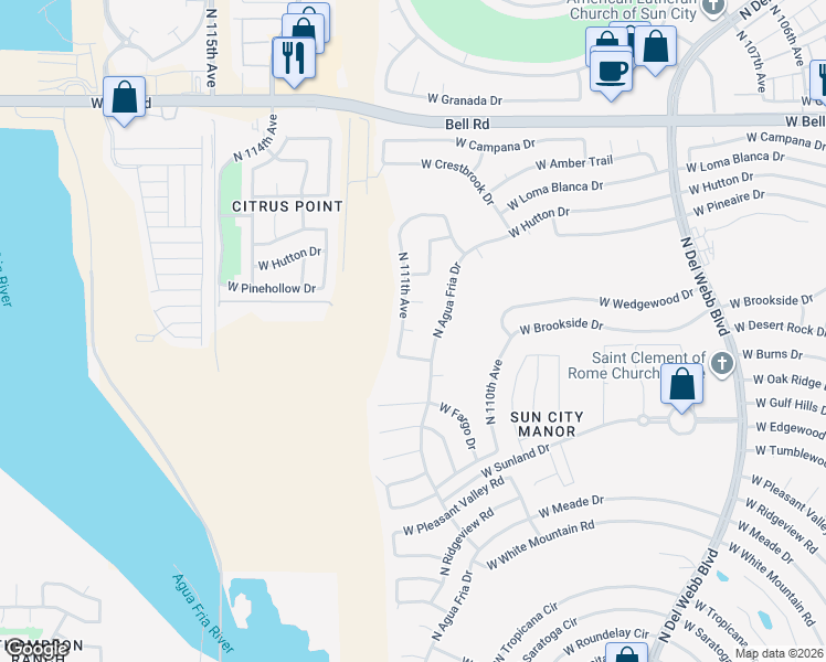 map of restaurants, bars, coffee shops, grocery stores, and more near 16214 North 111th Avenue in Sun City