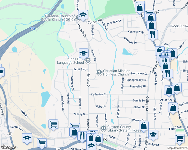 map of restaurants, bars, coffee shops, grocery stores, and more near 4515 Glade Road in Forest Park