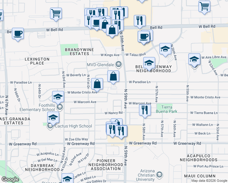 map of restaurants, bars, coffee shops, grocery stores, and more near 5913 West Paradise Lane in Glendale
